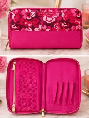 Isaac Mizrahi Floral Makeup Brush Organizer Travel Cosmetic Case Pink NWOT